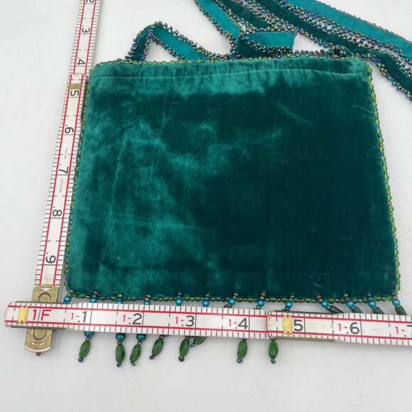 Handcrafted Boho Artisan Green Velvet Beaded Bag Feather Gem Bead Fringe Beaded - Picture 5 of 6
